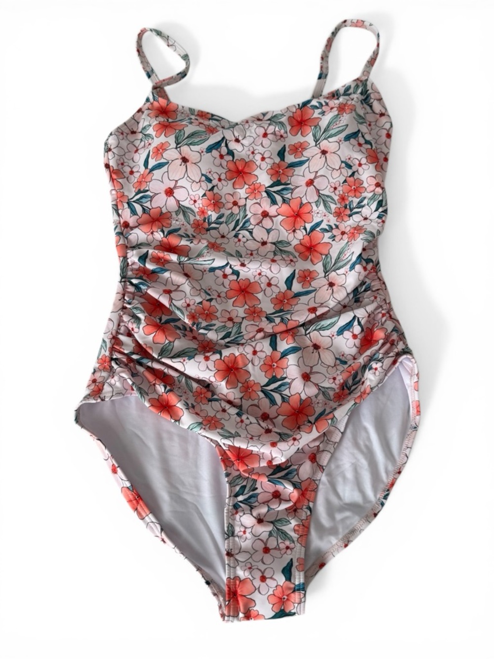 Floral‎ Ruched One-Piece Swimsuit in Coral and Green